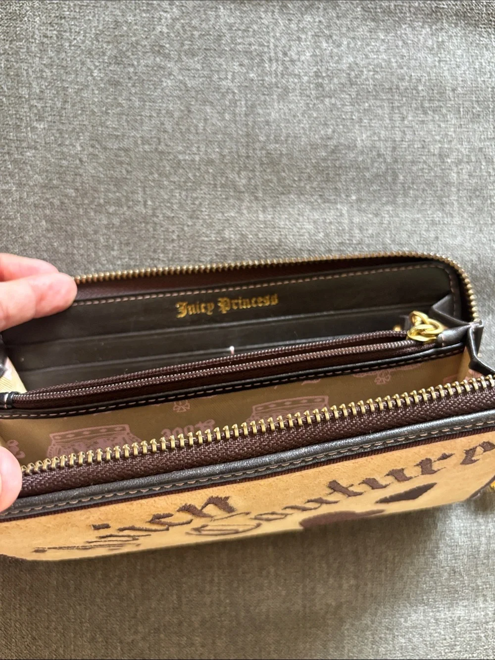 Vintage Y2K juicy couture continental full zip wallet in tan brown velour
